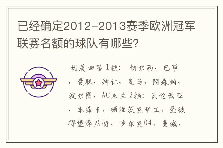 已经确定2012-2013赛季欧洲冠军联赛名额的球队有哪些?