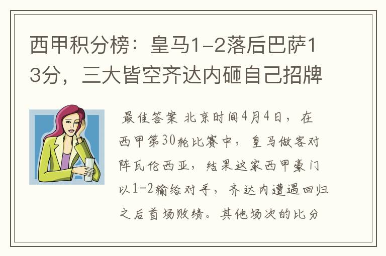 西甲积分榜:皇马1-2落后巴萨13分,三大皆空齐达内砸自己招牌?