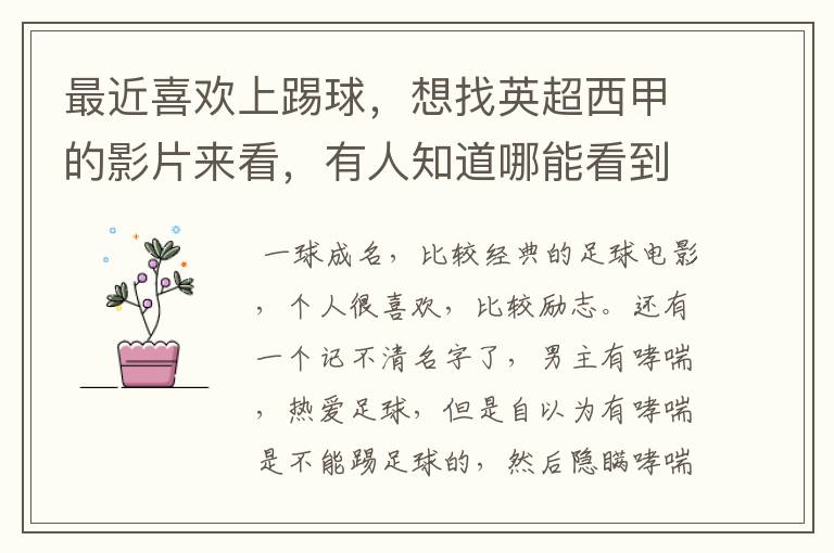 最近喜欢上踢球,想找英超西甲的影片来看,有人知道哪能看到吗