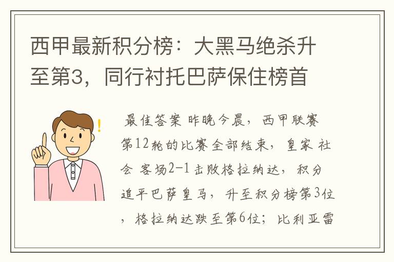 西甲最新积分榜:大黑马绝杀升至第3,同行衬托巴萨保住榜首