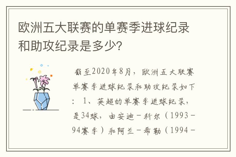 欧洲五大联赛的单赛季进球纪录和助攻纪录是多少?
