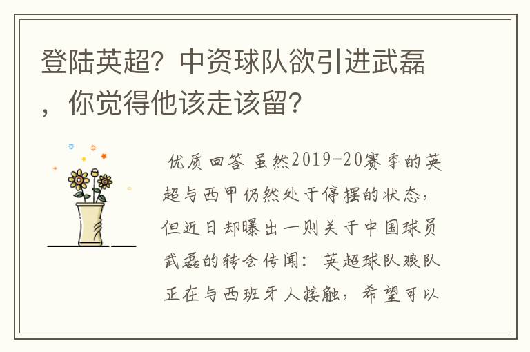 登陆英超?中资球队欲引进武磊,你觉得他该走该留?