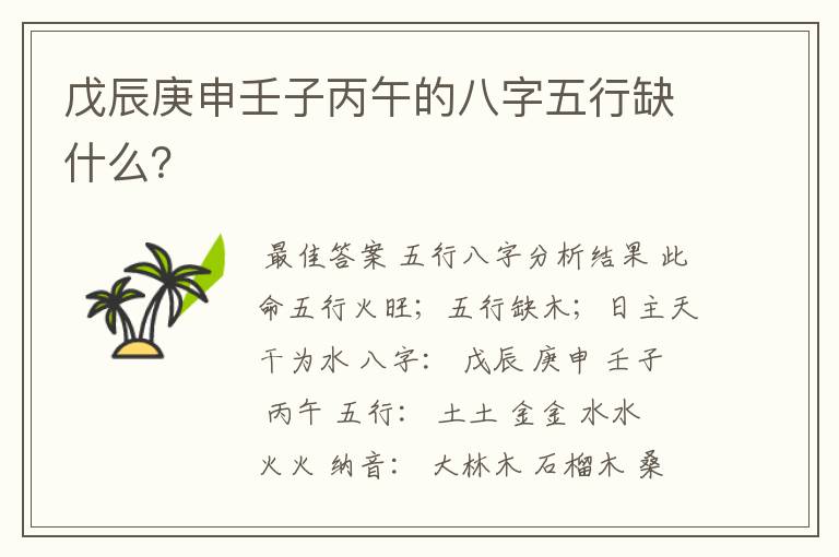 戊辰庚申壬子丙午的八字五行缺什么?