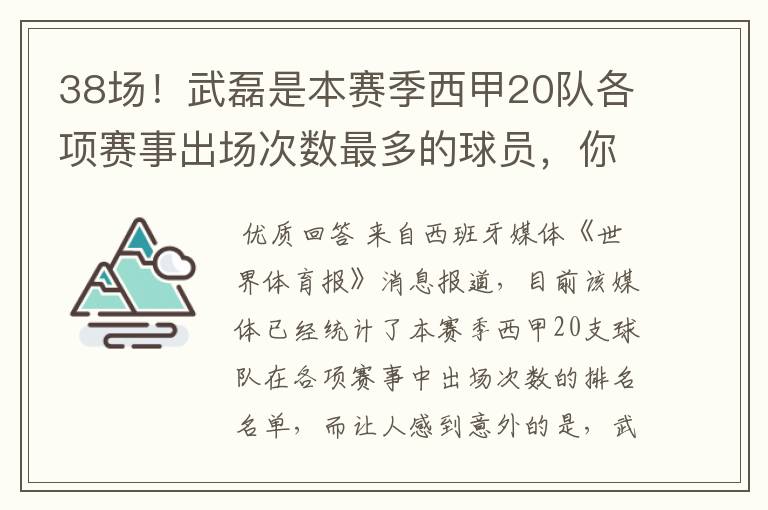 38场!武磊是本赛季西甲20队各项赛事出场次数最多的球员,你怎么看?