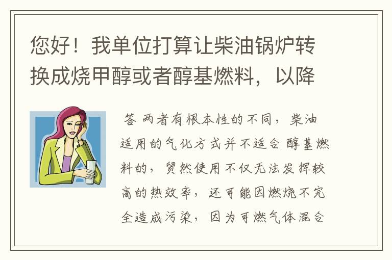 您好!我单位打算让柴油锅炉转换成烧甲醇或者醇基燃料,以降低成本,燃烧机需要如何调整呢?