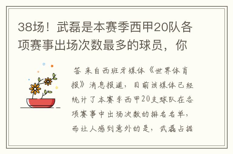 38场!武磊是本赛季西甲20队各项赛事出场次数最多的球员,你怎么看?