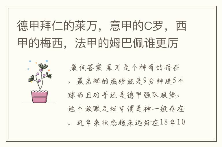 德甲拜仁的莱万,意甲的C罗,西甲的梅西,法甲的姆巴佩谁更厉害?