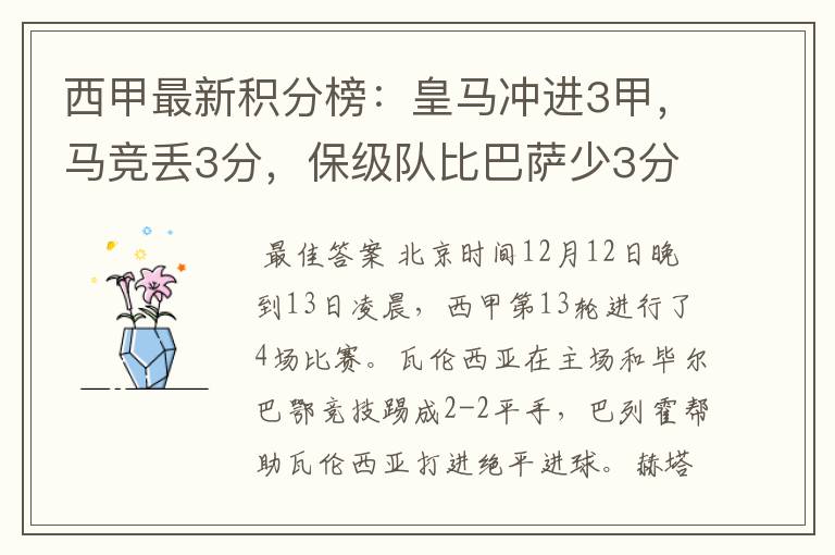 西甲最新积分榜:皇马冲进3甲,马竞丢3分,保级队比巴萨少3分
