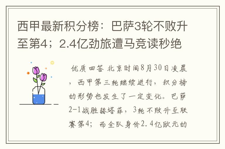 西甲最新积分榜:巴萨3轮不败升至第4;2.4亿劲旅遭马竞读秒绝平