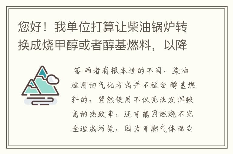 您好!我单位打算让柴油锅炉转换成烧甲醇或者醇基燃料,以降低成本,燃烧机需要如何调整呢?