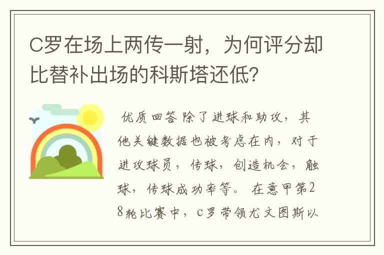C罗在场上两传一射,为何评分却比替补出场的科斯塔还低?