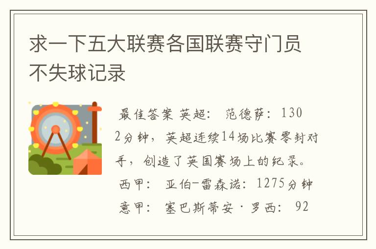 求一下五大联赛各国联赛守门员不失球记录