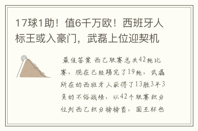 17球1助!值6千万欧!西班牙人标王或入豪门,武磊上位迎契机