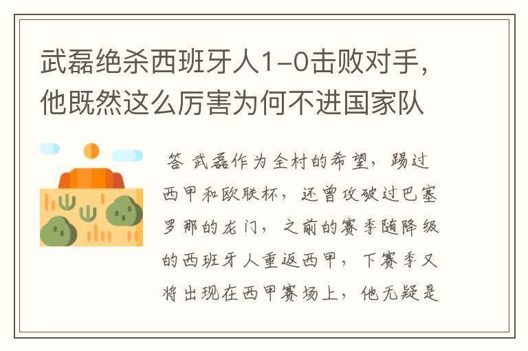 武磊绝杀西班牙人1-0击败对手,他既然这么厉害为何不进国家队?