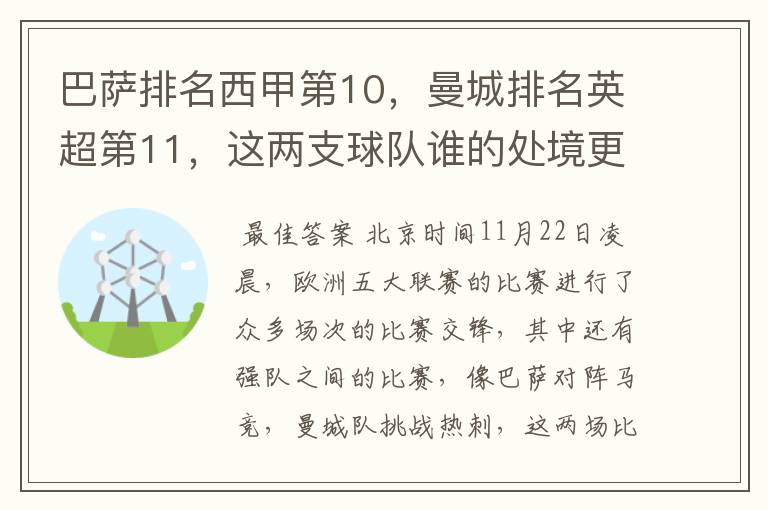 巴萨排名西甲第10,曼城排名英超第11,这两支球队谁的处境更糟糕 ?