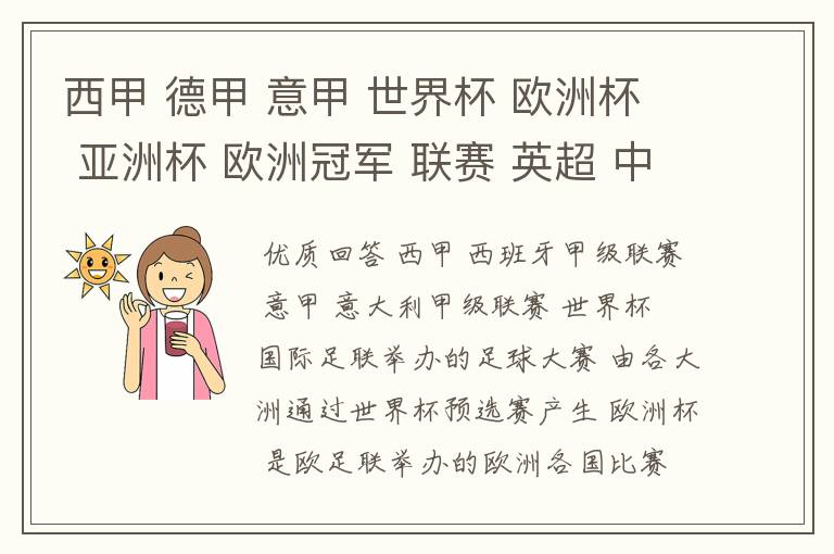 西甲 德甲 意甲 世界杯 欧洲杯 亚洲杯 欧洲冠军 联赛 英超 中超 分别是什么意思啊?