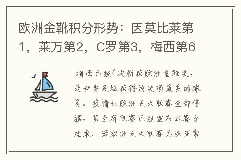 欧洲金靴积分形势:因莫比莱第1,莱万第2,C罗第3,梅西第6