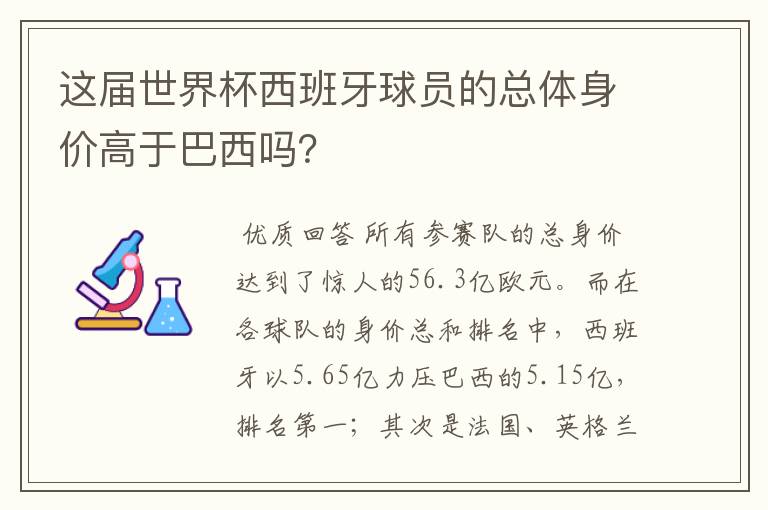 这届世界杯西班牙球员的总体身价高于巴西吗?