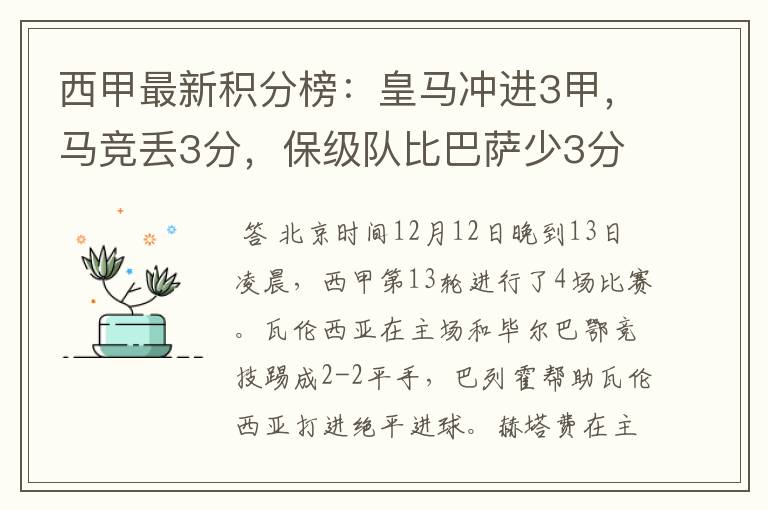 西甲最新积分榜:皇马冲进3甲,马竞丢3分,保级队比巴萨少3分