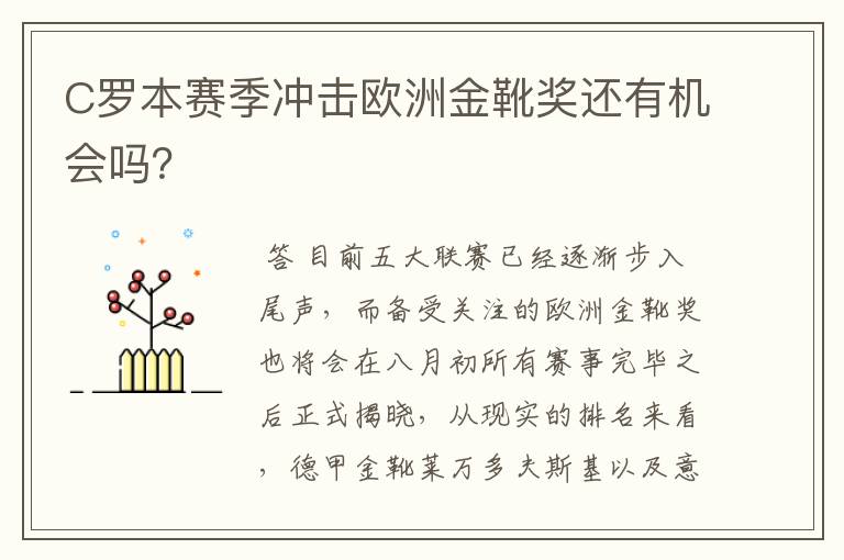 C罗本赛季冲击欧洲金靴奖还有机会吗?