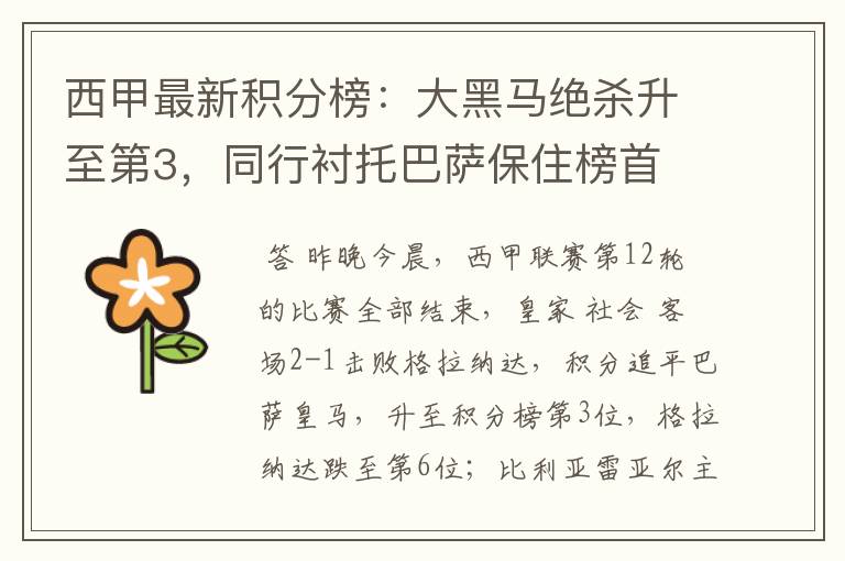 西甲最新积分榜:大黑马绝杀升至第3,同行衬托巴萨保住榜首