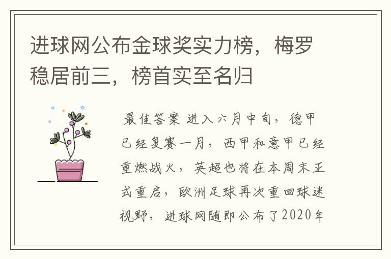 进球网公布金球奖实力榜,梅罗稳居前三,榜首实至名归
