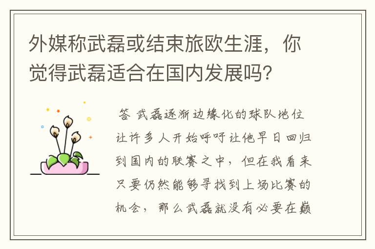 外媒称武磊或结束旅欧生涯,你觉得武磊适合在国内发展吗?