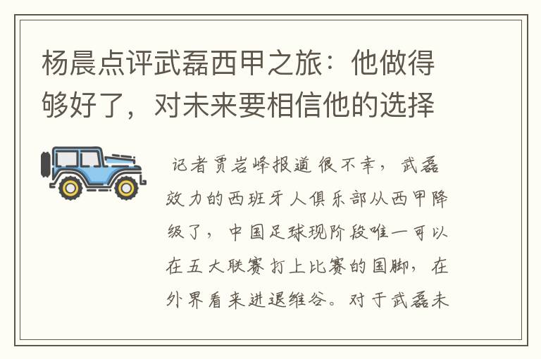 杨晨点评武磊西甲之旅:他做得够好了,对未来要相信他的选择