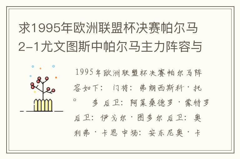 求1995年欧洲联盟杯决赛帕尔马2-1尤文图斯中帕尔马主力阵容与球星?,还有尤文图斯主力与球星?帕