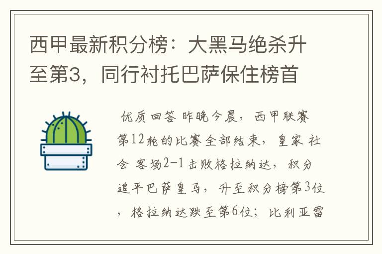 西甲最新积分榜:大黑马绝杀升至第3,同行衬托巴萨保住榜首
