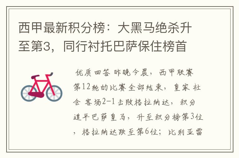 西甲最新积分榜:大黑马绝杀升至第3,同行衬托巴萨保住榜首