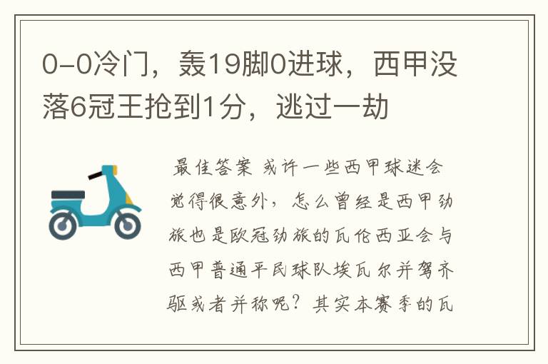 0-0冷门,轰19脚0进球,西甲没落6冠王抢到1分,逃过一劫