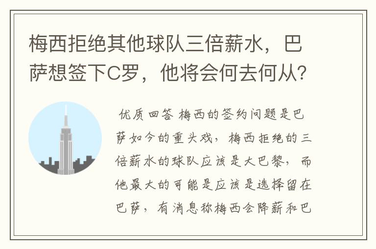 梅西拒绝其他球队三倍薪水,巴萨想签下C罗,他将会何去何从?