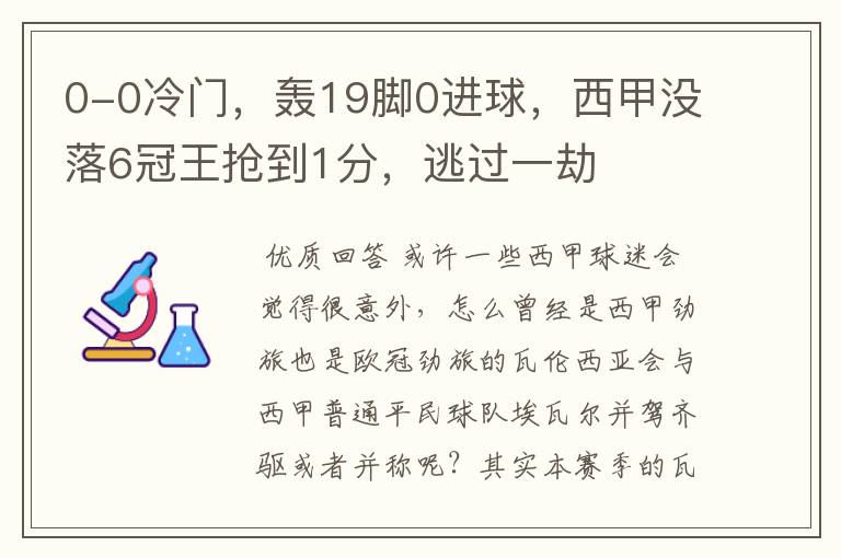 0-0冷门,轰19脚0进球,西甲没落6冠王抢到1分,逃过一劫