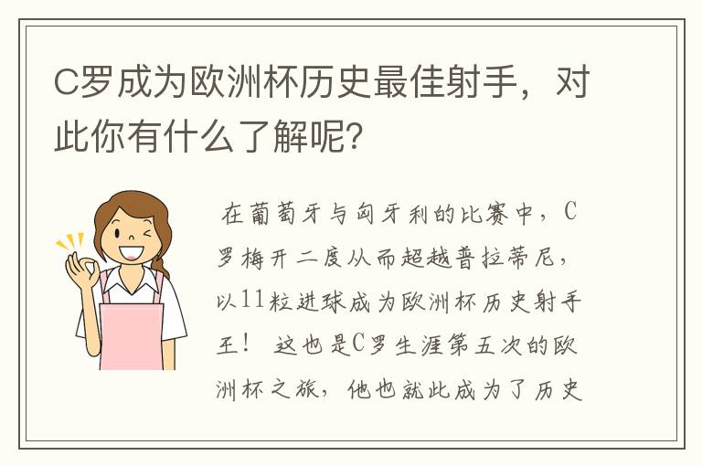 C罗成为欧洲杯历史最佳射手,对此你有什么了解呢?