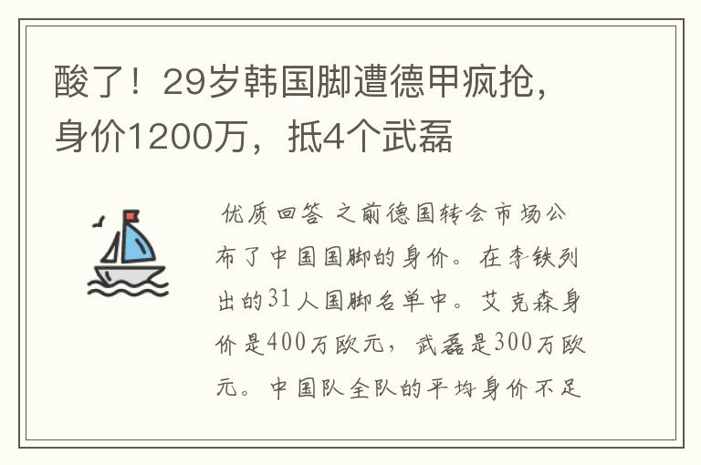 酸了!29岁韩国脚遭德甲疯抢,身价1200万,抵4个武磊