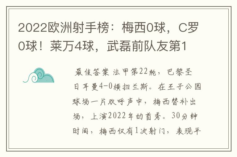 2022欧洲射手榜：梅西0球，C罗0球！莱万4球，武磊前队友第1
