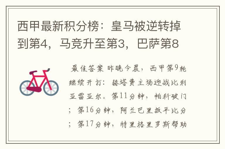 西甲最新积分榜:皇马被逆转掉到第4,马竞升至第3,巴萨第8