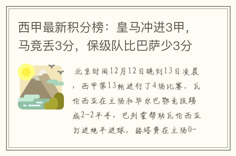 西甲最新积分榜:皇马冲进3甲,马竞丢3分,保级队比巴萨少3分