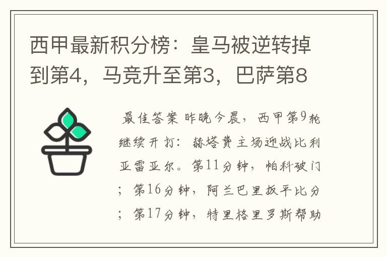 西甲最新积分榜:皇马被逆转掉到第4,马竞升至第3,巴萨第8