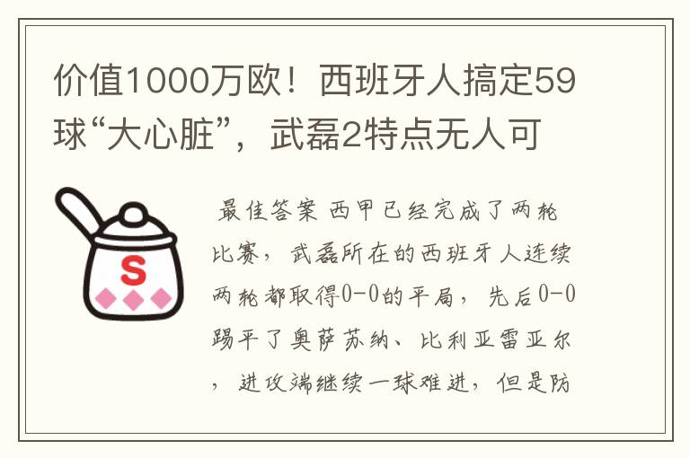 价值1000万欧!西班牙人搞定59球“大心脏”,武磊2特点无人可替