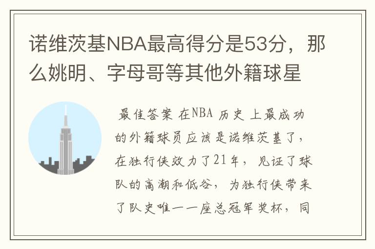 诺维茨基NBA最高得分是53分,那么姚明、字母哥等其他外籍球星呢