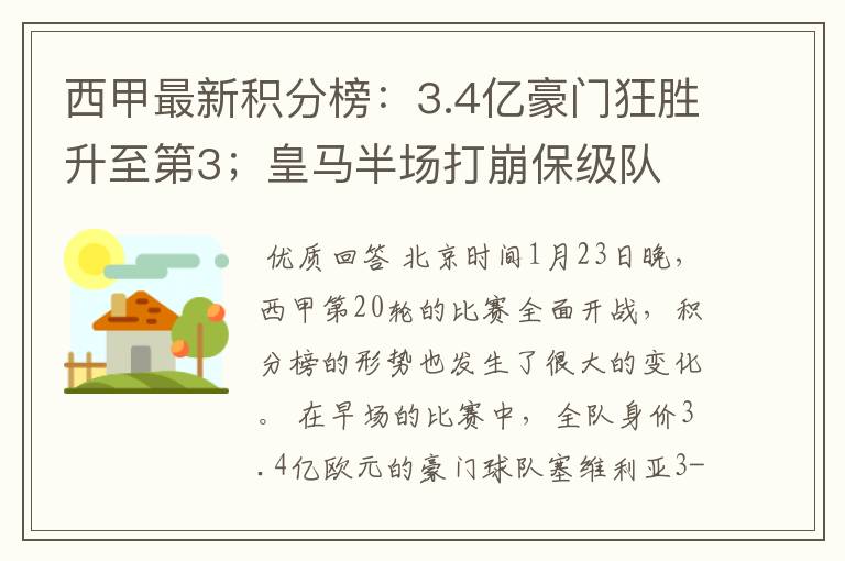 西甲最新积分榜:3.4亿豪门狂胜升至第3;皇马半场打崩保级队