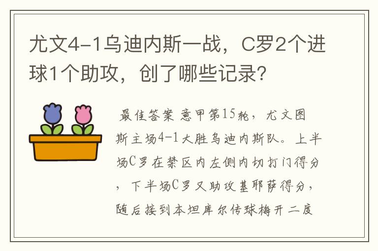 尤文4-1乌迪内斯一战,C罗2个进球1个助攻,创了哪些记录?