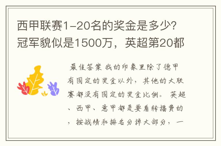 西甲联赛1-20名的奖金是多少?冠军貌似是1500万,英超第20都是4000万呀!