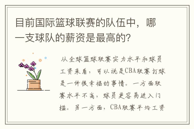 目前国际篮球联赛的队伍中,哪一支球队的薪资是最高的?