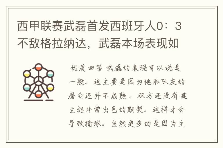 西甲联赛武磊首发西班牙人0:3不敌格拉纳达,武磊本场表现如何?