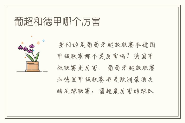 葡超和德甲哪个厉害