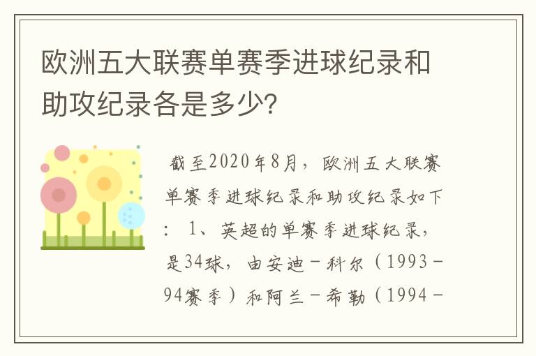 欧洲五大联赛单赛季进球纪录和助攻纪录各是多少?