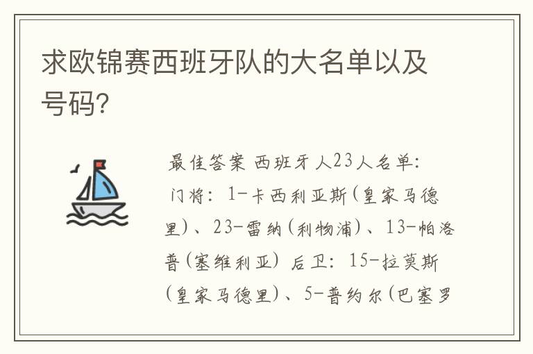 求欧锦赛西班牙队的大名单以及号码？